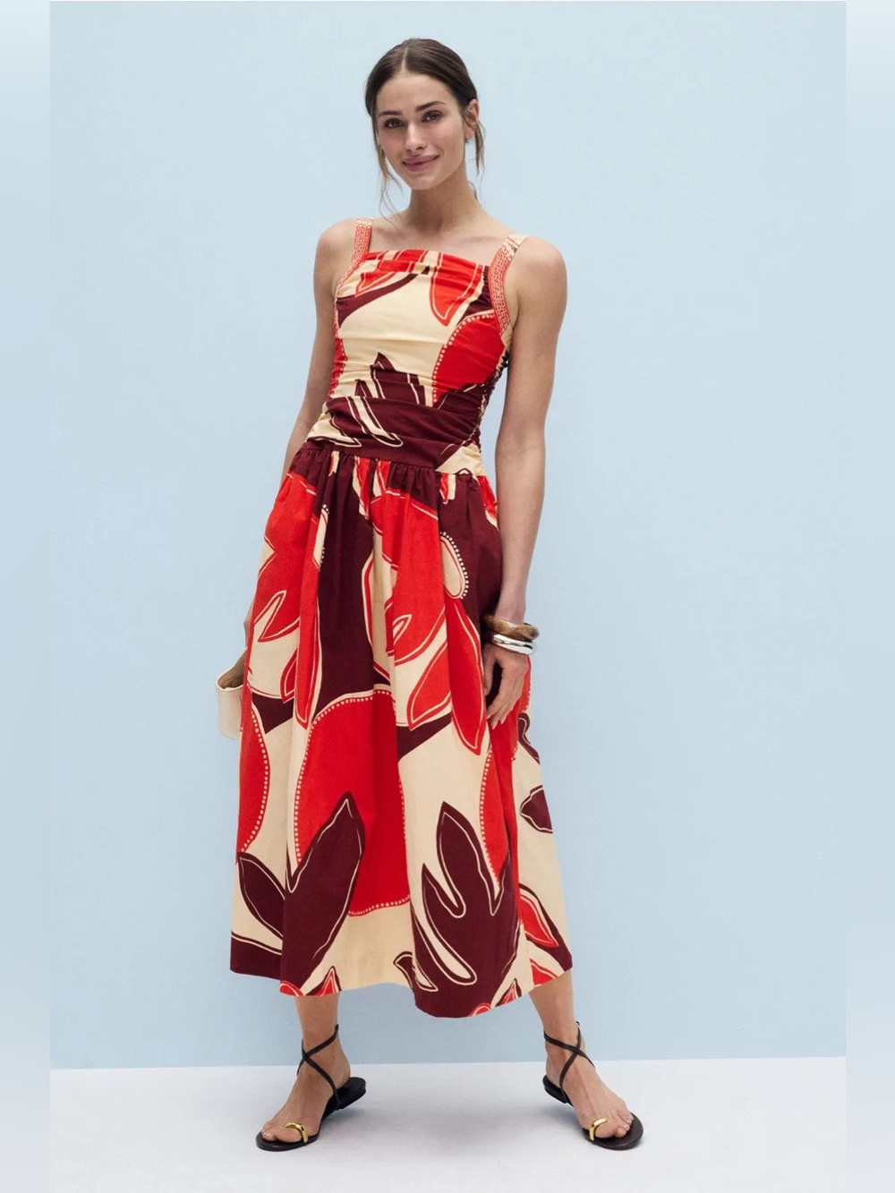 NWT MON RENN SUNDROP PALMS MIDI DRESS Size XS Red Brown Graphic Print